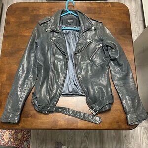 Lamarque Megumi Leather Moto Jacket in Dark Navy Blue Size Small